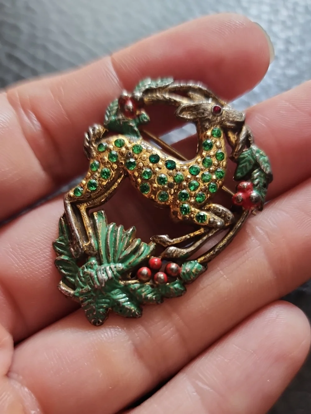 Vintage Green Crystal Reindeer Brooch